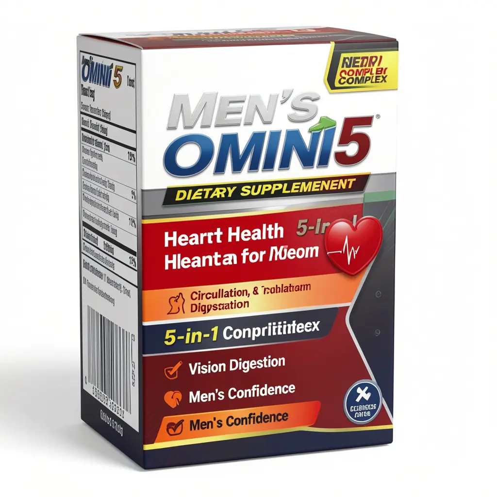 Men's Omni5 dietary supplement package — a 5-in-1 complex for heart health, circulation, digestion, vision, and daily vitality